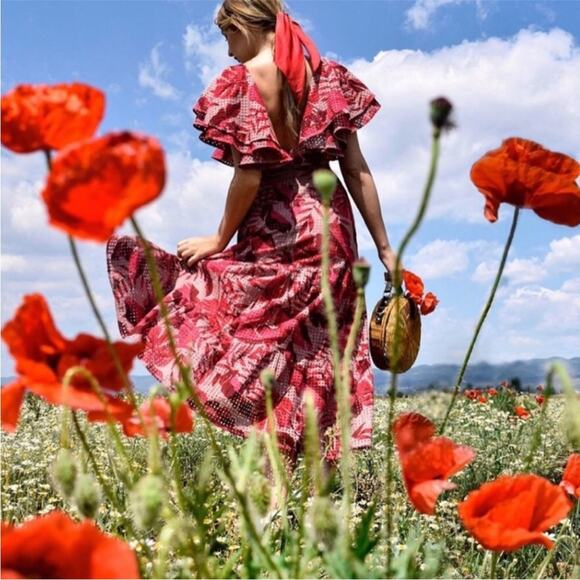 NWT Johanne Ortiz X H&M Maxi Dress XS Floral Eyelet Embroidered Ruffle Pink - Picture 16 of 16